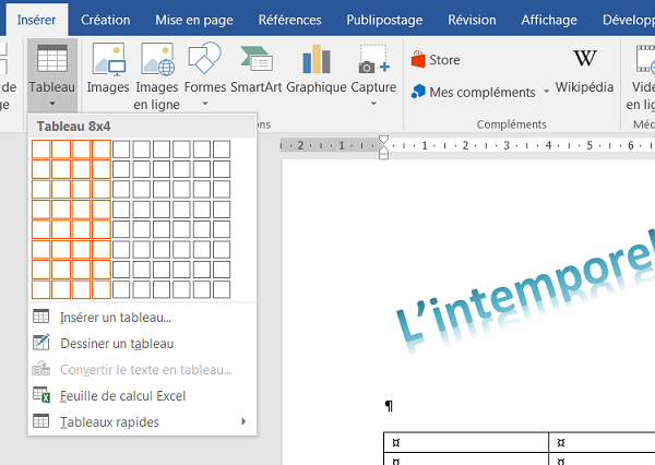 Insérer un tableau de plusieurs lignes et colonnes dans courrier Word