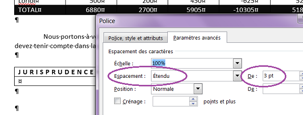 Augmenter espaces entre lettres du texte avec options de police Word