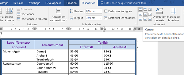 Centrer textes dans largeur et hauteur de cellules de tableau Word