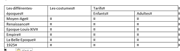 Saisie informations dans les cellules du tableau Word