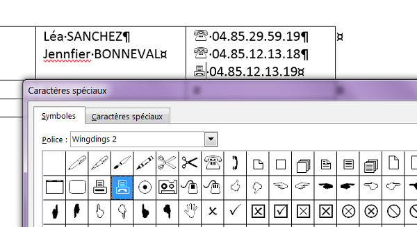 Insérer des icônes et symboles spéciaux dans Word comme le téléphone