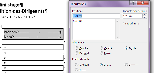 Points de suite et taquets de tabulation dans cellule de tableau Word