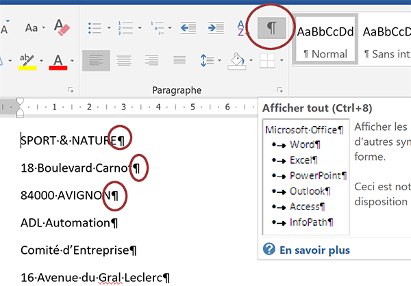 Afficher les caractères invisibles de Word pour voir les paragraphes et tabulations en conception de document