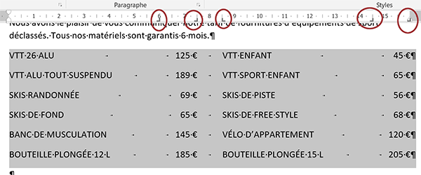 Présentation Word structurée en colonnes avec alignements alternés grâce aux taquets de tabulation