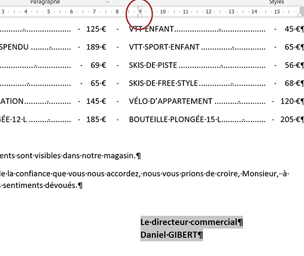 Document Word professionnel équilibré et homogène grâce aux alignements, retraits et taquets de tabulation