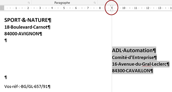 Présentation professionnelle Word par décalage du bloc de titre sur la droite du document avec alignements à gauche