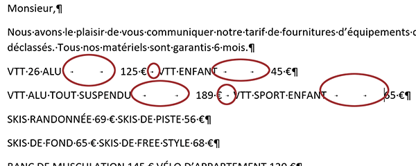 Créer les colonnes pour présenter les prix dans les paragraphes Word avec les tabulations au clavier