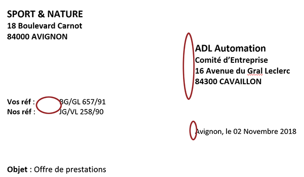 Adresses et objet du courrier Word alignés par retrait et taquet de tabulation