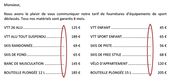 Présentation des tarifs commerciaux sur plusieurs colonnes grâce aux taquets de tabulation de Word