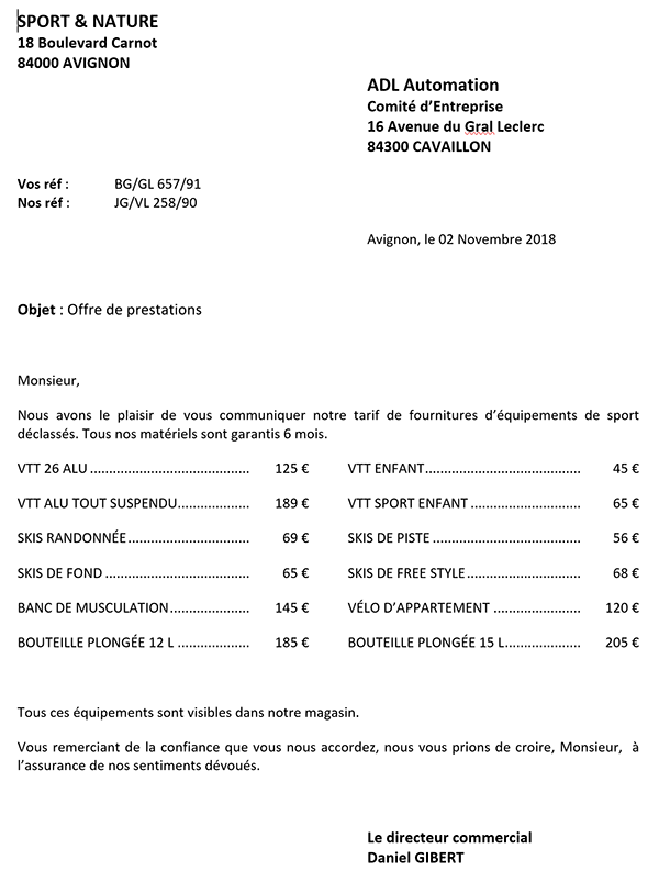 Résultat final de la présentation commerciale pour exercice Word