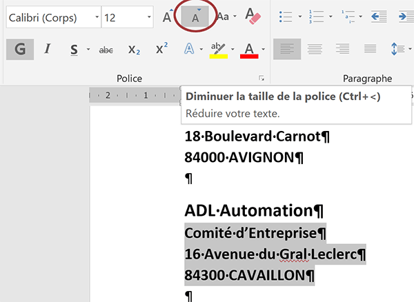 Réduire la taille du texte Word par clics successifs