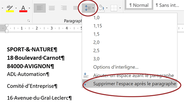 Réduire espace entre paragraphes pour rapprocher lignes du bloc de texte Word