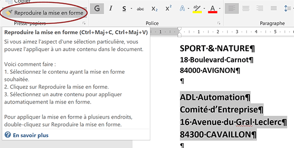 Répliquer la mise en forme de texte et de paragraphe avec les alignements et retraits