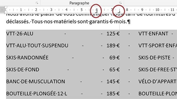 Strcuturer la largeur des colonnes et les alignements en posant les taquets de tabulation