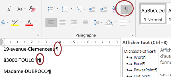 Caractères masqués de Word pour marques de paragraphes, tabulations et actions utilisateur au clavier