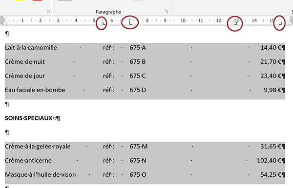 Présentation des tarifs avec alignements an colonnes grâce aux taquets et aux tabulations de Word