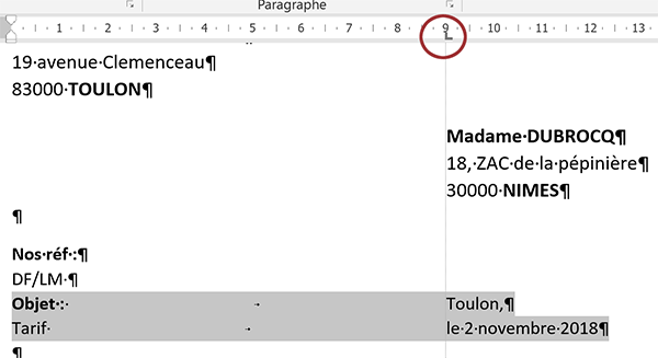 Placer un taquet sur la règle horizontale Word pour aligner les textes les uns sous les autres dans leur colonne