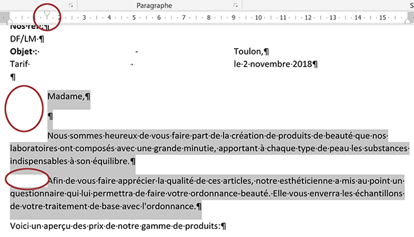 Décaler les premières lignes des paragraphes Word regroupés dans une même sélection