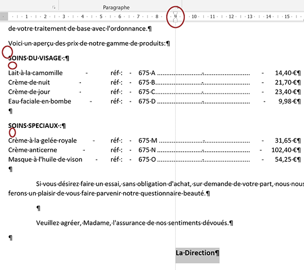 Retrait gauche en bas du document Word pour bien équilibrer la présentation commerciale