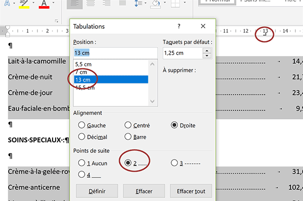 Définir les points de suite pour matérialiser les lignes guides pointillés reliant les textes dans leur colonne