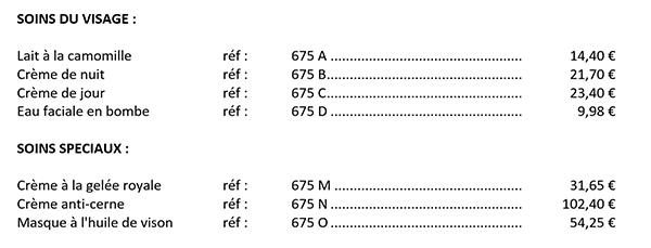 Références produits et prix alignés dans des colonnes virtuelles par les taquets de tabulation de Word