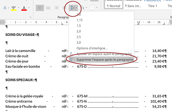 Rapprocher les lignes des paragraphes Word alignées en colonnes