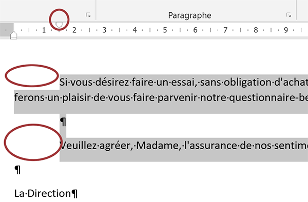 Mise en page Word pour déplacer seulement la première ligne de paragraphes constitués de plusieurs lignes