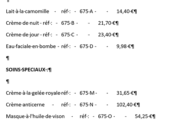 Tabulations entre les textes Word pour aligner les désignations et prix