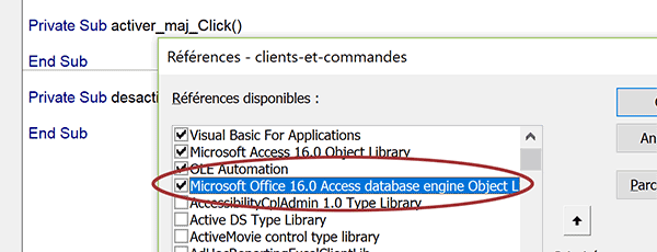 Référence et librairie Access ADO pour piloter les objets de base de données par le code VBA