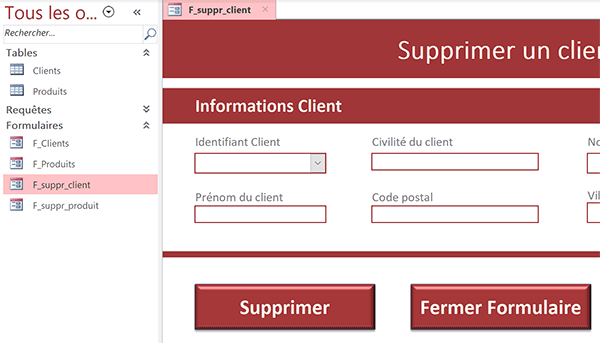 Formulaire Access pour supprimer un produit dont il faut protéger accès