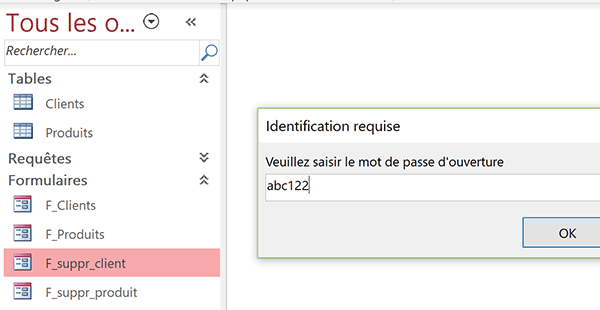 Identification requise par mot de passe pour ouvrir le formulaire Access de suppression