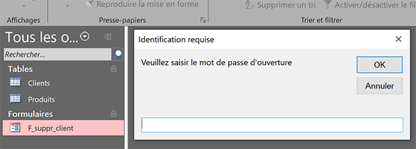 Ouverture du formulaire Access protégée par un mot de passe