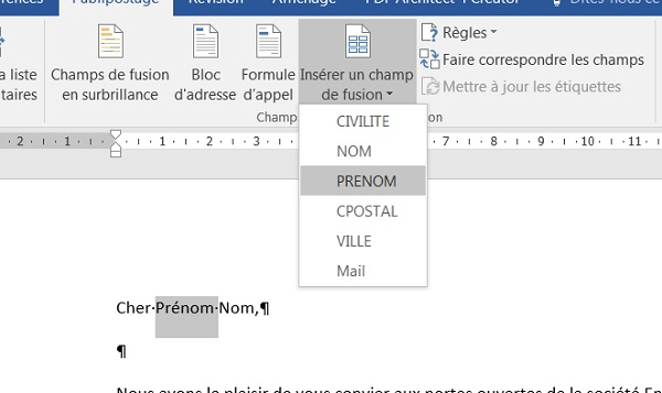 Insertion des champs de fusion dans le courrier type
