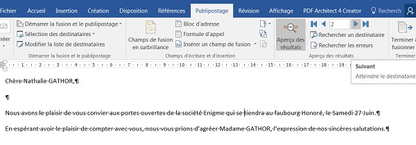 Aperçu du publipostage avant fusion