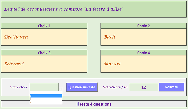 Application Excel interactive pour réaliser des tests par QCM sans code VBA