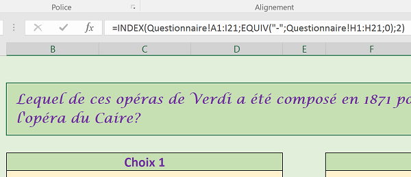 Extraction questions du tableau évaluation pour QCM Excel par fonctions index et equiv