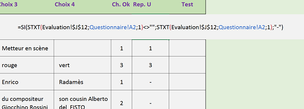 Extraire caractères de chaine dans cellule pour afficher résultats du QCM Excel