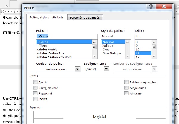 Mise en forme police avec raccourci clavier Word