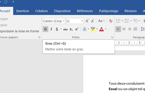 Raccourcis clavier Office en info-bulle