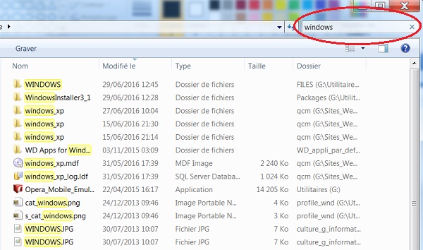 Recherche de fichiers Windows, raccourci Windows + F