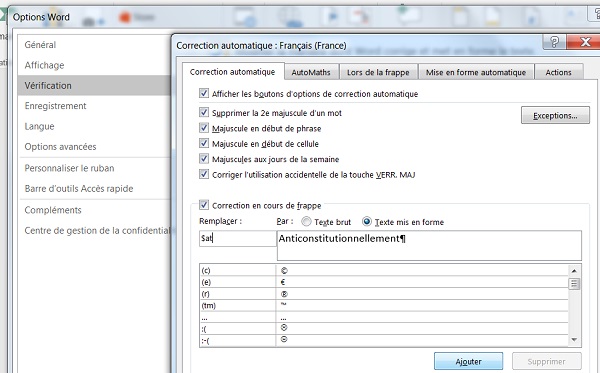 Correction automatique pour raccourcis saisie