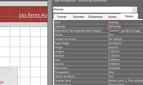 Et commercial (&) dans la légende du bouton Access pour créer un raccourci clavier