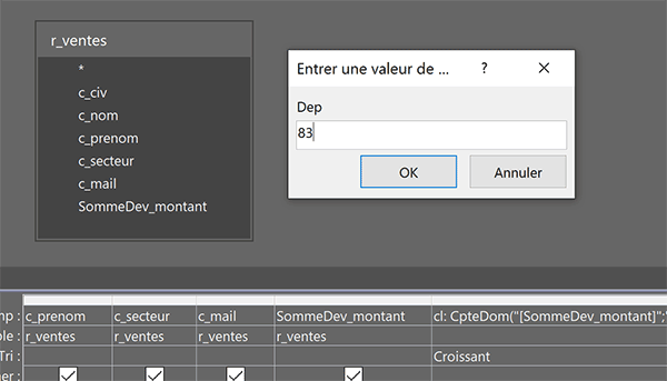 Requête Access avec question pour classer les résultats par groupes et départements