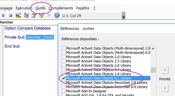 Référence à Microsoft ActiveX Data Objects pour accès aux données de bases Access par code VBA