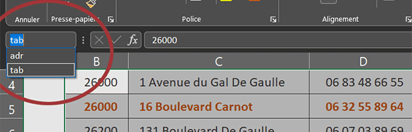 Nom du tableau et de la colonne Adresse pour recherches matricielles Excel