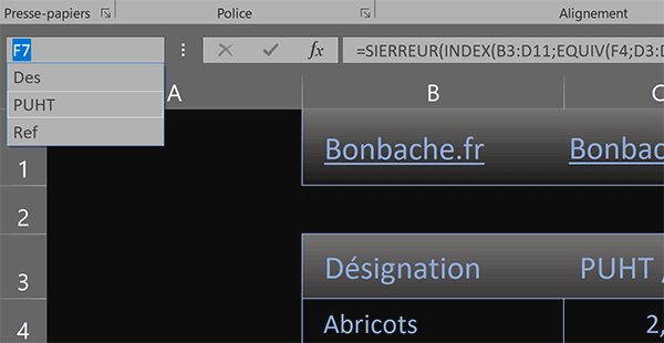 Noms des colonnes du tableau Excel de recherche