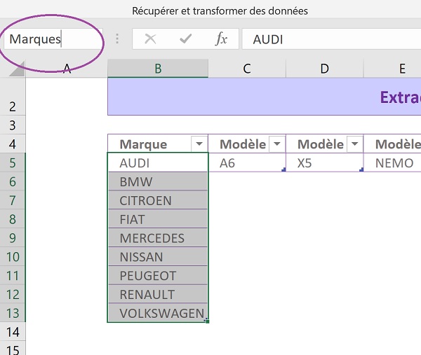 Renommer une plage de cellules extraite liée par connexion externe pour calculs Excel dynamiques