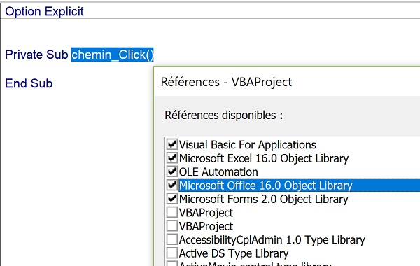 Référence librairie VBA Excel pour désigner fichiers et dossiers avec boîte de dialogue Office standard