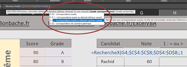 Définir le mode de correspondance pour la recherche avec la fonction Excel RechercheX