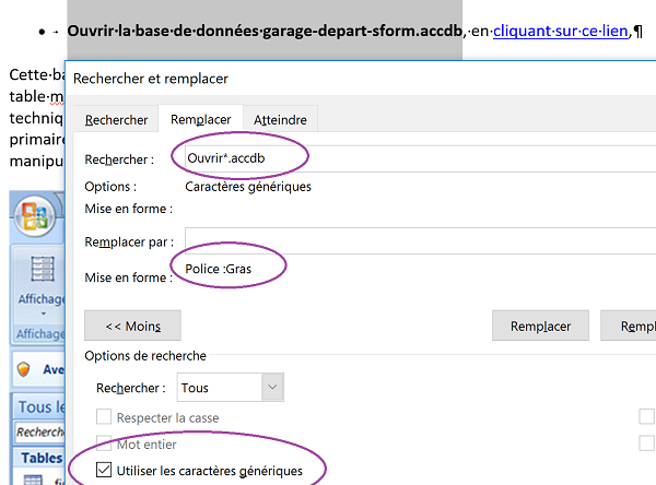 Caractères génériques de recherche Word pour remplacer toutes les phrases correspondant à des expressions régulières